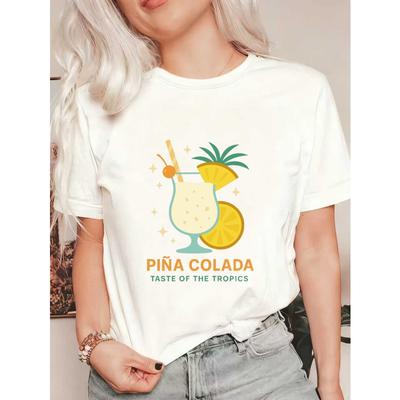 Φαρδύ T-Shirt Μαύρο Κοκτέιλ Pina Colada Εκτύπωση Φέτα Ανανά και Πορτοκαλιού Γεύση των Τροπικών Κείμενο Καλοκαιρινή Παραλία Διακοπές Ένδυση