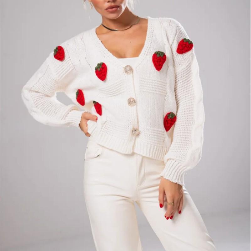 Womens Oversized V-Neck Knit Cardigan With 3D Strawberry Print Loose Fit Casual Sweater Jacket Acrylic Blend 2025