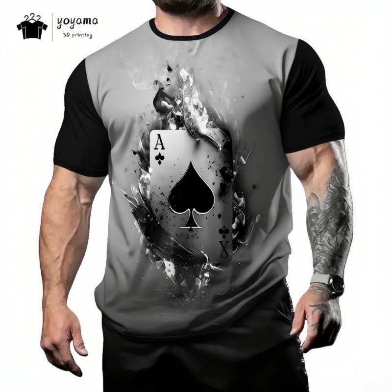 Street Men's T-Shirt 3D Poker Print Men's Top Summer Trendy Versatile Men's Short Sleeved Tee Fashion Round Neck Men's Clothing