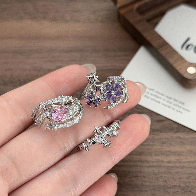 Pink Diamond Zircon Purple Flower Star Opening Ring, Diamond-Set Light Luxury Niche Design, High-End Sense Stacking, Wearing Personalized Rings, Women