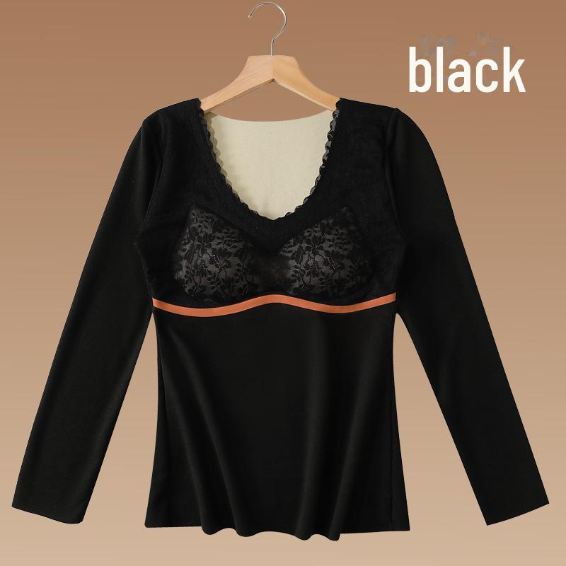 

Женский термотоп с длинным рукавом: Немецкий бархат, кружево, двухсторонний, бесшовный, со встроенной нагрудной подкладкой, на осень XL [105-125 catties] чёрный