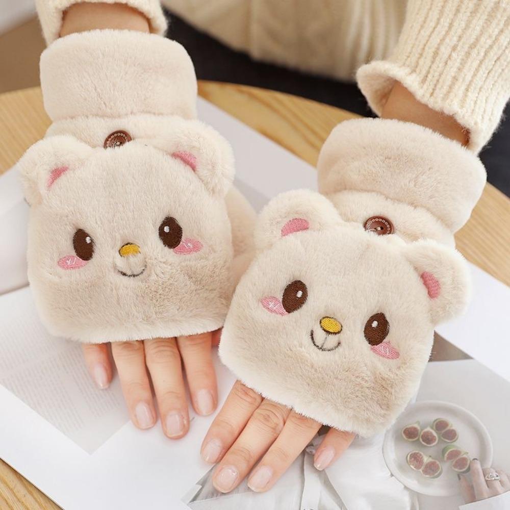Gloves women's autumn and winter cute riding Korean version of trendy cartoon velvet thickened student male writing flip gloves keep warm