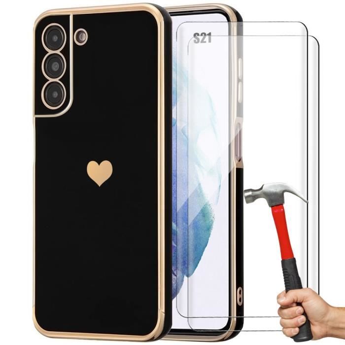 Coque pour Samsung Galaxy S21 - Noir Motif Cœur + 2 Verres Trempés Anti-Rayures