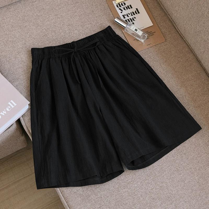 

Cotton and Linen Elastic Waist Five-point Pants Women s Summer Breathable Pants Casual Wide-leg Pants Loose Large Size L чёрный