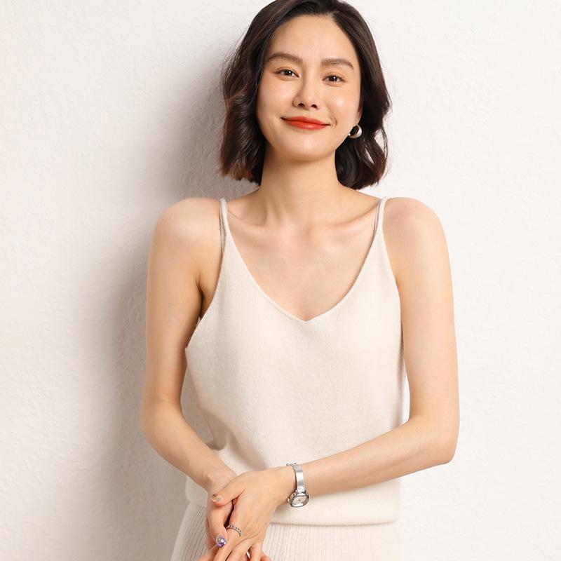 V-Neck Sleeveless Cashmere Knit Camisole Vest – Slim-Fit Women's Base Layer