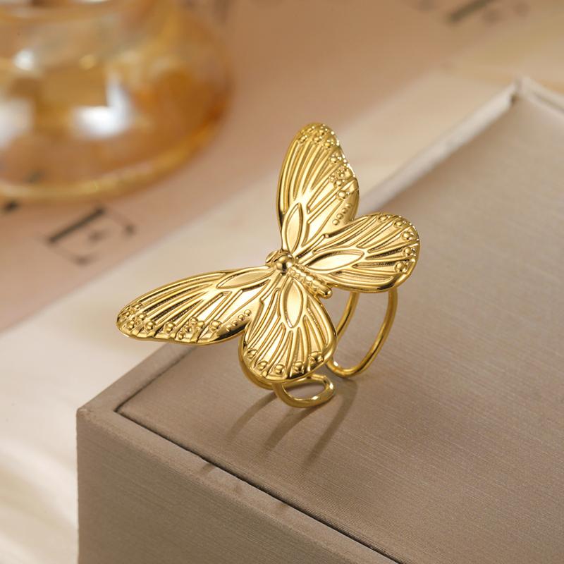 Stainless Steel Adjustable Butterfly Women'S Ring Gold Plated Finger Rings Trendy Jewelry Birthday Gift