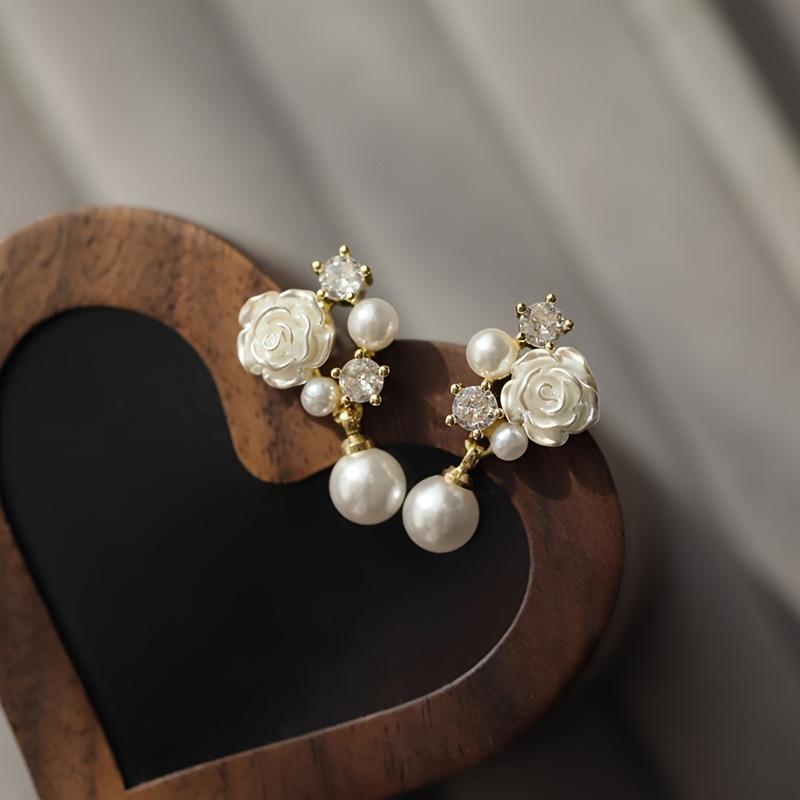 1 Pair French Earrings Elegant Camellia Pendant Earrings Set Sparkling Rhinestones Perfect Gift for Women Jewelry Accessories