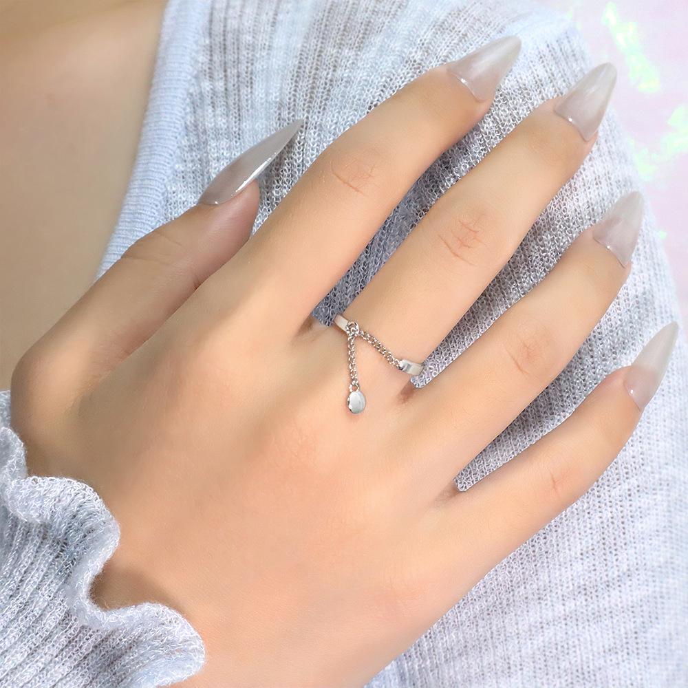 Simple Tassel Bead Pendant Rings Punk Silver Color Circle Geometric Tassel Chain Rings for Women Open Ring With Chain Jewelry