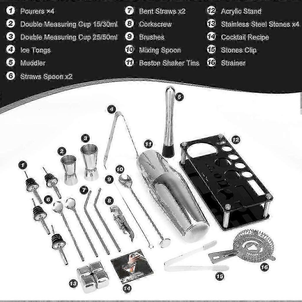 Cocktailshaker Set, Boston Roestvrij Staal Barman Kit Met Acryl Standaard & Cocktail Recepten BooP2025050900141