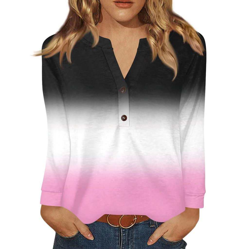 Dámské tričko s potiskem, knoflíky, dlouhý rukáv, denní, víkendová móda, základní, výstřih do V, běžný top