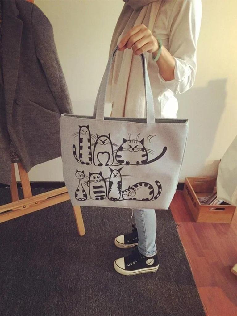 Women's Bag Cute Cats Canvas One Shoulder Casual Handbag Student Book Bags Large Capacity Shopping Korean Version New Fashion