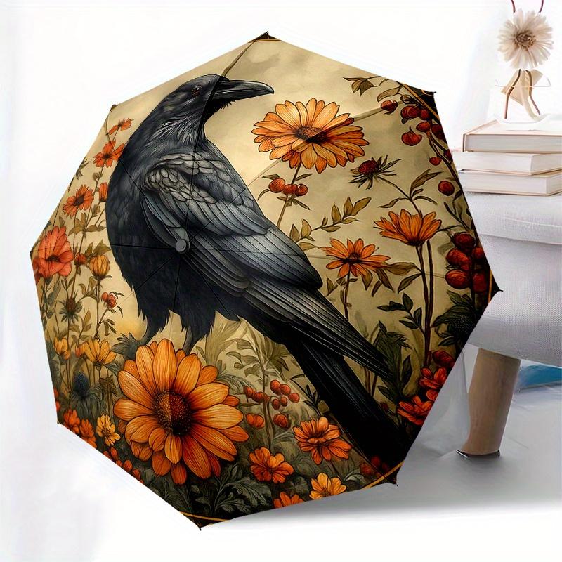 Raven & Flowers: A Whimsical Circular Art PrintUmbrella, Portable 3-Fold Compact Umbrella for Men & Women Gift