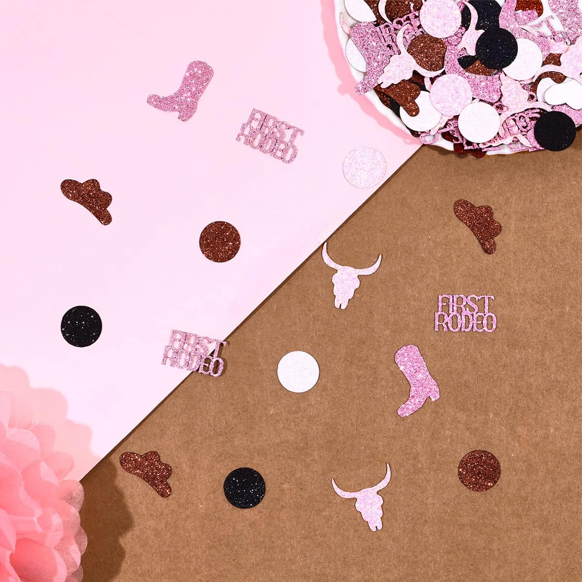 Western Cowgirl 1st Birthday Decoration, First Rodeo Confetti 200PCS for Western Cowgirl 1st Birthday - Pink Brown First Rodeo Boots Cowboy Hat Cow