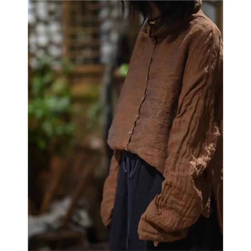 Johnature Kvinner Vintage rullekrave linskjorter Ensfargede Langermede knappoverdeler Høstknapp Uformelle dameskjorter