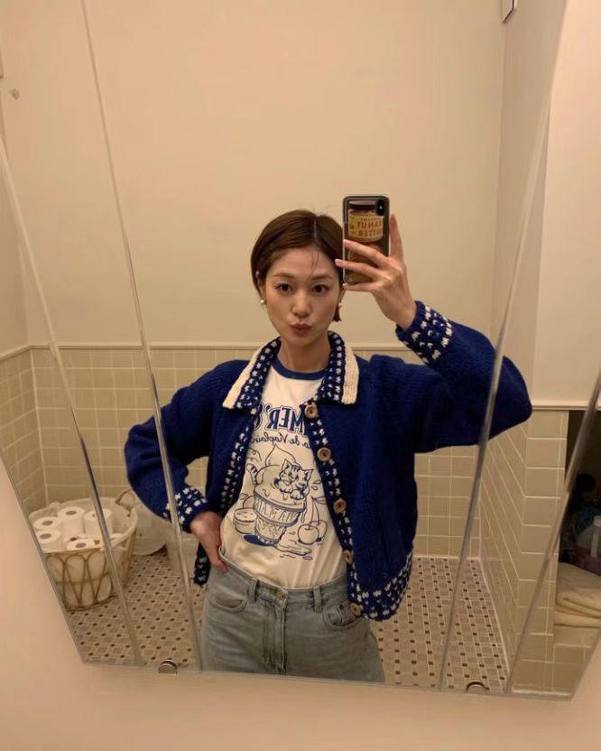Qiqi 2024 Spring/Summer Color Block Ice Cream Kitten Print Short Sleeve T-Shirt