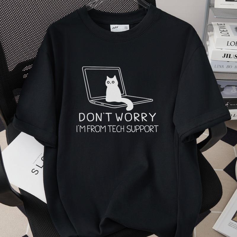 Tech Cat Short Sleeve Tshirt Black American English Cartoon Pattern Cat Casual Top Daily Versatile Commuter Home Clothes S