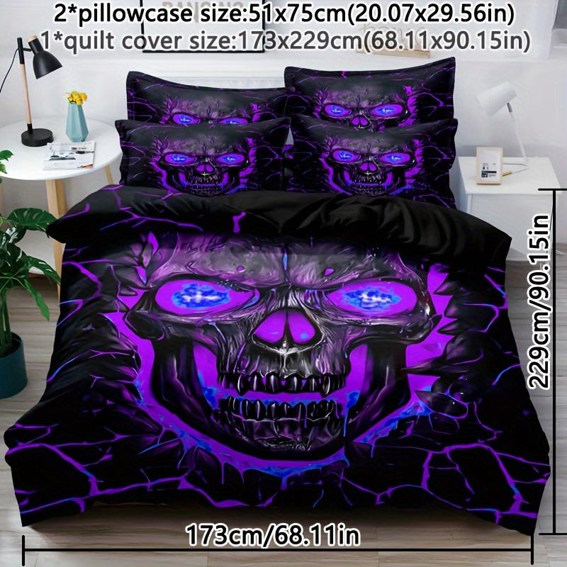 Soft and Comfortable 3pcs Purple Light Skull Pattern Quilt Cover Set - Bedroom, Guest Room and Dormitory Decor Bedding Set