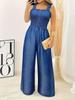 European & American Summer Women's Plus Size Lace Pleated Jumpsuit - Casual, Elegant, Versatile Solid Color Strappy Design
