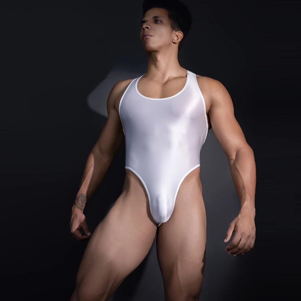 Sexy Men Deep V Neck Bandage High Cut Bodysuit Elastic Corset Body Shaper Oil Glossy Shiny One Pieces Thongs Gay Leotard
