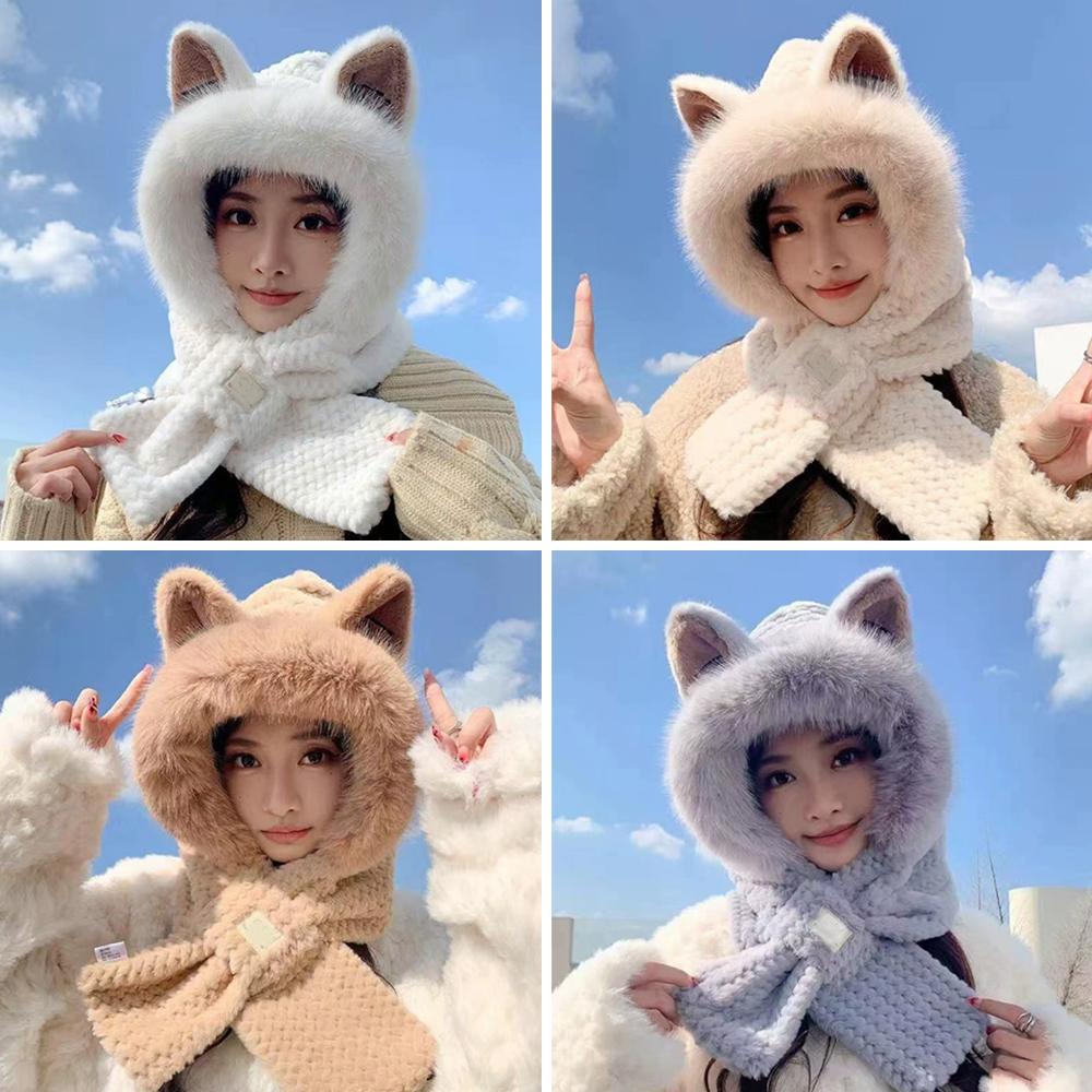 Cute Fox Ears Plush Baotou Ear Protection Winter Warm Hat Collar Scarf Integrated Winter Autumn Winter