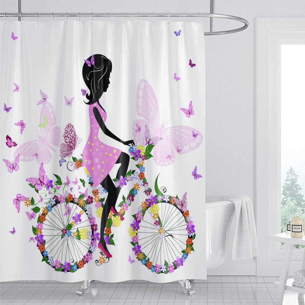 Beautiful Flower Butterfly Girl Shower Curtain Waterproof Shower Curtain Bathroom Partition Curtain Bathroom Decor Accessories