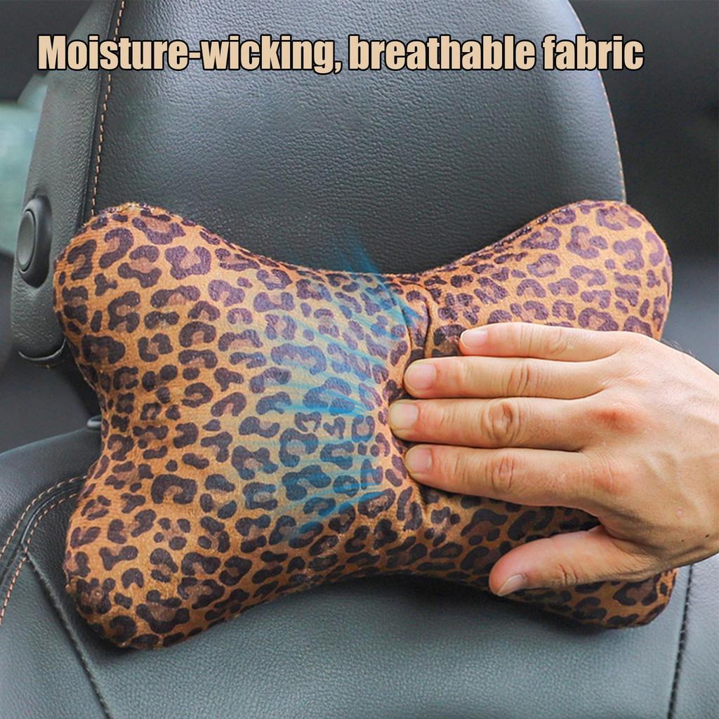 Neck Pillow For Car 2 Pieces Breathable Vehicle Cushion Leopard Print Car Neck Support Pillow With Adjustable Strap For Adults