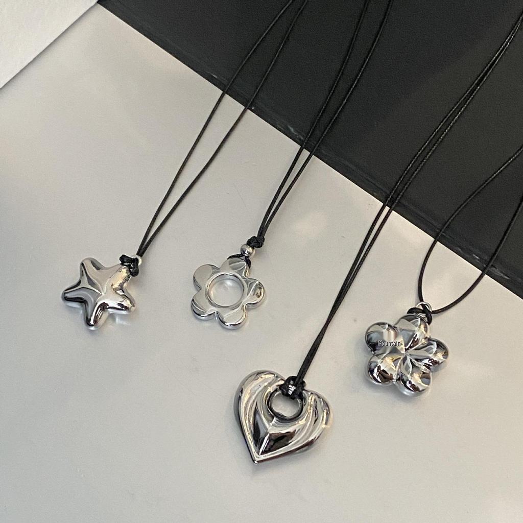 Geometric Silver Black Rope Sweater Chain Necklace for Women, Korean-Style, Long and Versatile