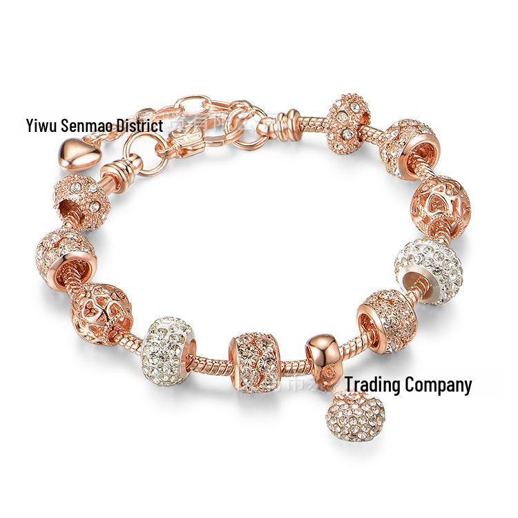 New Panjia Style Gold-Plated Beaded Bracelet with Full Diamond Love Design