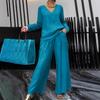 Women's Loose Fit Two-Piece Tracksuit Long Sleeve V Neck Top Elastic Waist Wide Leg Pants