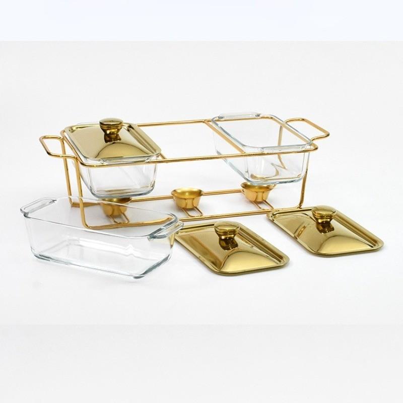 Recipiente Calentador Dorado Rectangular Tres Compartimentos Estufa de Comedor de Vidrio Recipiente Calefactor de Vidrio Estufa de Buffet para Restaurante
