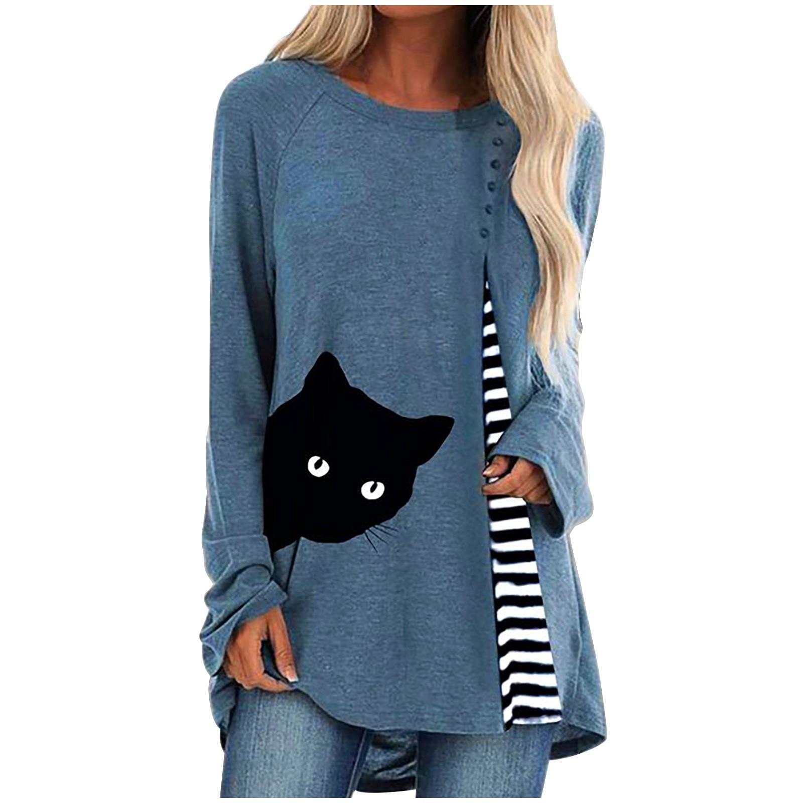 

Ramidos 2020 Новая модная женская рубашка в клетку в полоску с принтом кошки и длинными рукавами XXL темно-синий