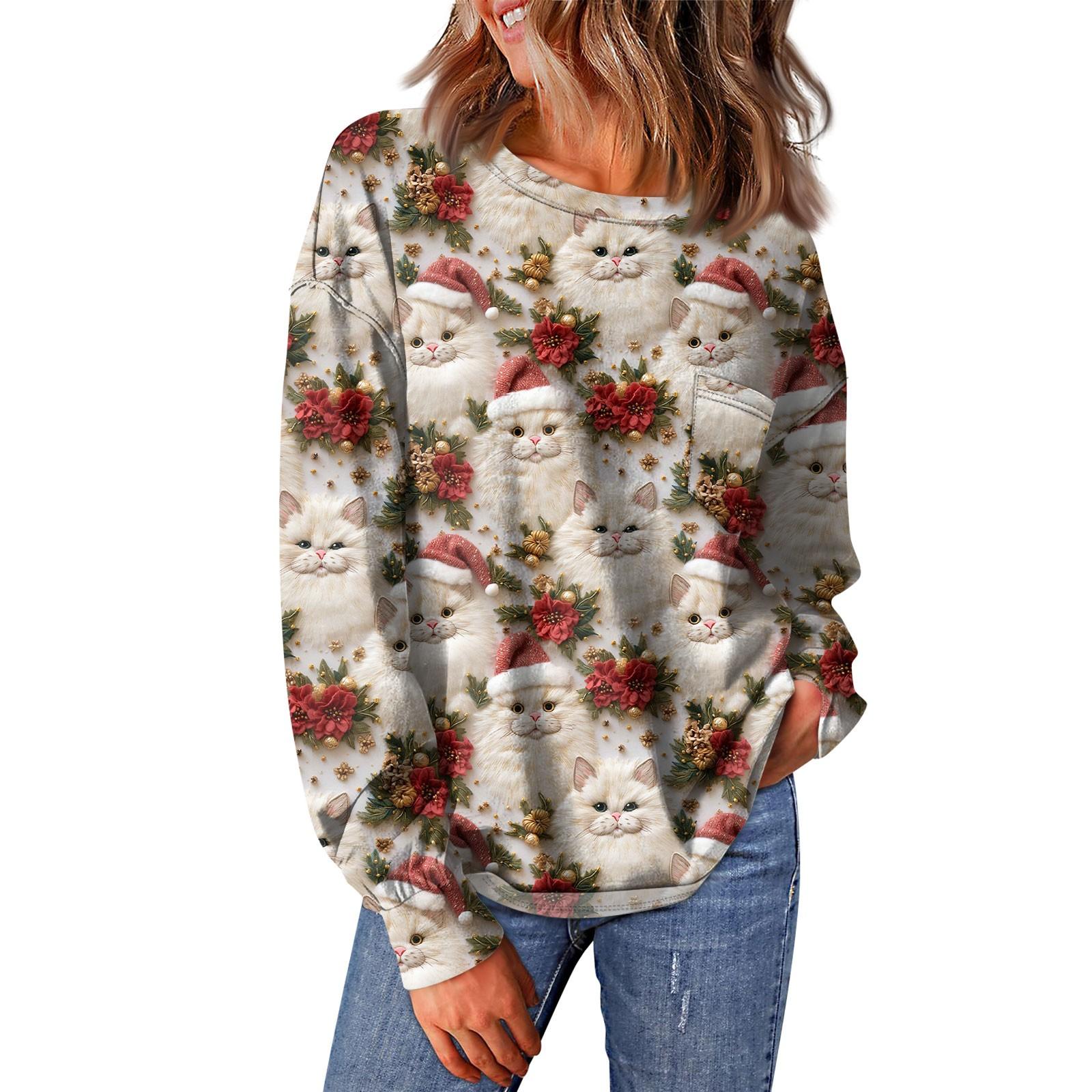 

Женский повседневный свободный топ с круглым вырезом и карманами с рождественским принтом и длинными рукавами XL белый