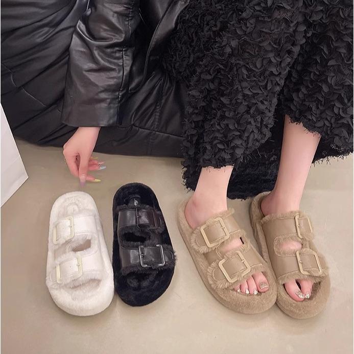 Mao Mao Slippers Women's Autumn and Winter Outer Wear 2025 New Internet Celebrity Going Out Plush Mao Shoes Thick Sole Heightening Cotton Mop Home