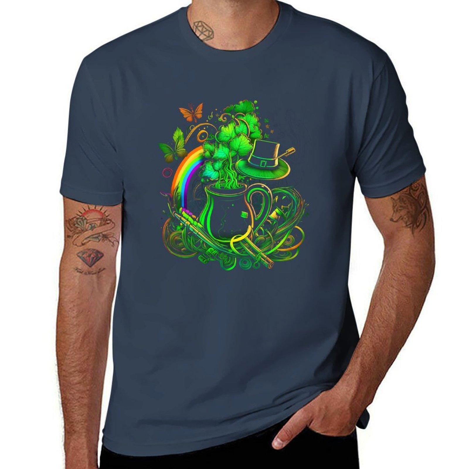 A drawing of a pot of shamrocks and a rainbow TShirt Trendy Casual Short Sleeve Shirt S