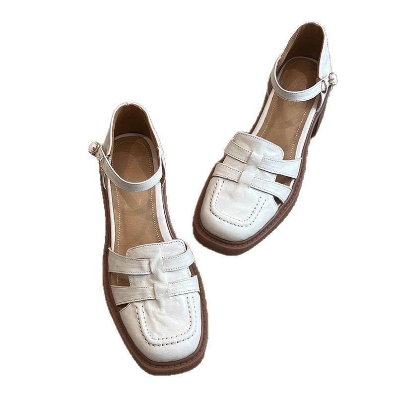 Leather woven bag head sandals women's summer with skirt thick heel Mary Jane shoes one-button high-heeled sandals