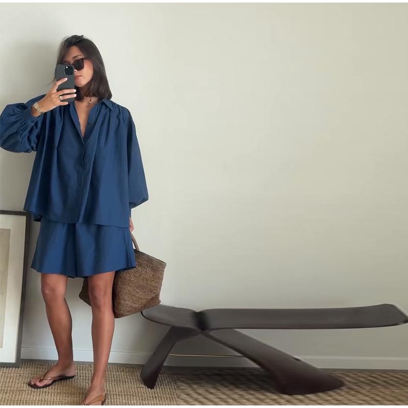 Women's Long Sleeved Shirt Shorts Set Summer New Style Casual Loose Fit Solid Color Versatile Daily Commuting Style Women's Loose Clothing Set