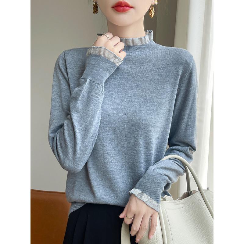 

Женский вязаный свитер с полувысоким воротником и кружевной отделкой «фестон», новый свитер для осени и зимы, для ношения под верхней одеждой и отдельно, тонкий XXL серый