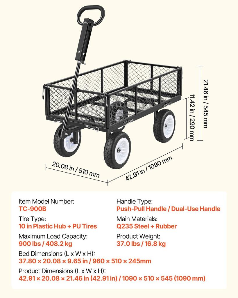 Garden Cart, 408.2 kg, Heavy Duty Steel Yard and Garden Utility Wagon with 10-Inch Tires, Outdoor Gardening Stool with Adjustable Handle, Detachable