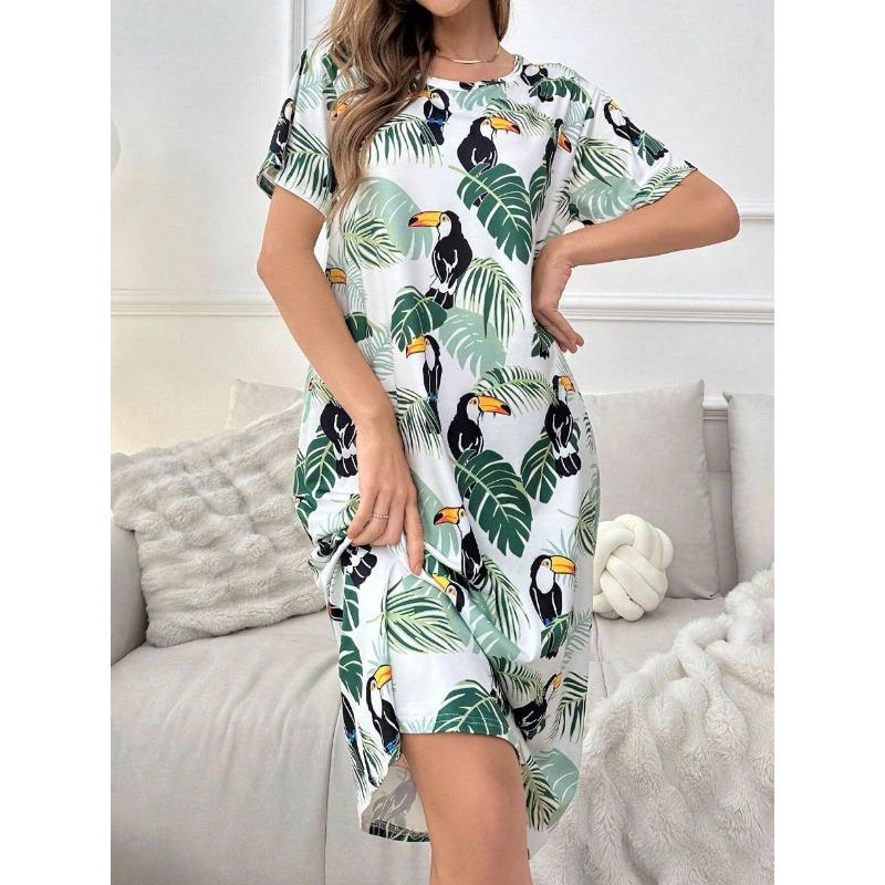 Velká velikost, Kulatý výstřih, Krátký rukáv, Modrý květ meruňky, Domácí oblečení, Noční košile, Šaty, Ležérní, Dámské oblečení s potiskem