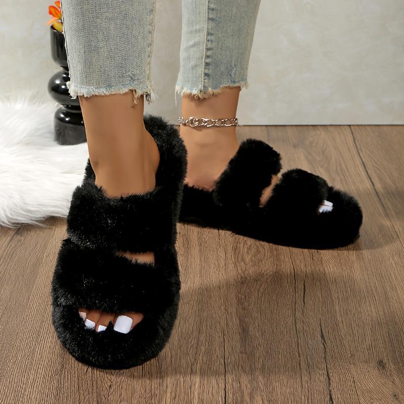 Cozy Plush Faux Fur Slippers with Single Strap and Thick Sole for Indoor Warmth
