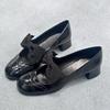 Genuine Leather Bow Mary Jane Single Shoes For Women's Spring Autumn New Styles Thick Heel Carved High Heels Shoes Women