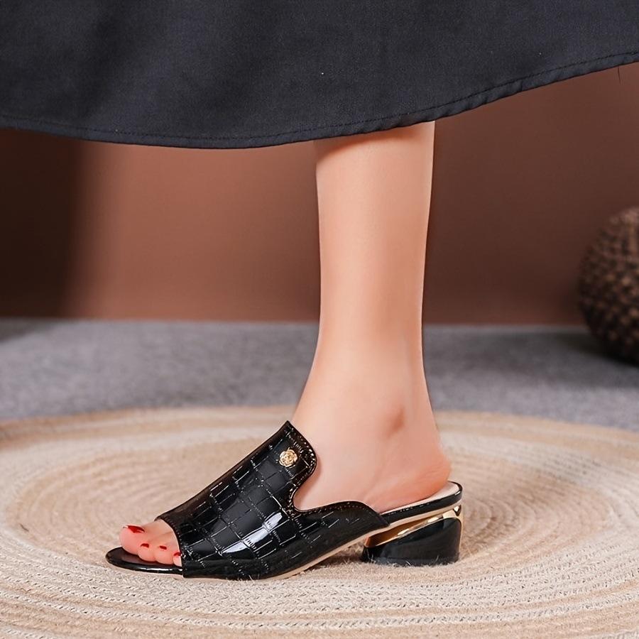 2025 New Cool Slippers Women's Summer Middle Heel Thick Heel Patent Leather Fish Mouth Wear Cool Slippers Large Size Women's Shoes