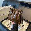 IELGY Soft Leather Drawstring Bucket Bag Retro Chain Shoulder Crossbody Fashion Embroidery Thread Pouch