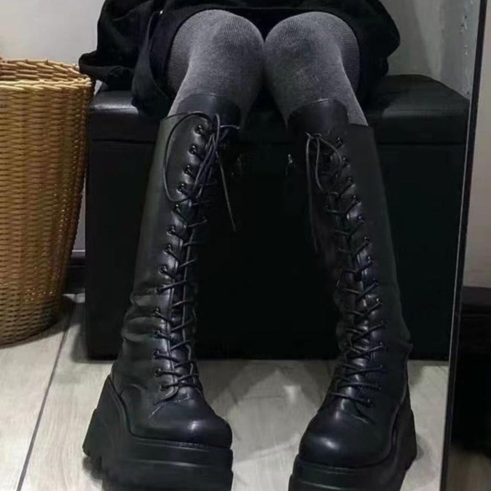Men Women Formal Boots LaceUp RoundToe New Black Doratasia Gothic Fashion Round Toe Side Zipper Lace Mid Calf Ins Christmas Street Party Shoes Woman