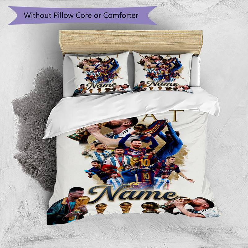 Messi Soccer Goat Name Personalized Name Bedding Set,Comfort Bed Linen for Boys Room Decoration,Perfect Gift for Match Fans,Wrinkle Resistant Duvet Co