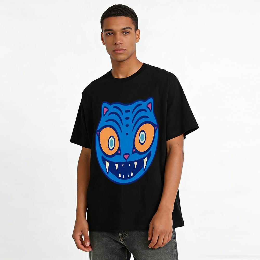 Weird Blue Cat Print Casual Top Fun Animal Pattern Street Style Loose T-Shirt For Men And Women Pure Cotton T-shirt