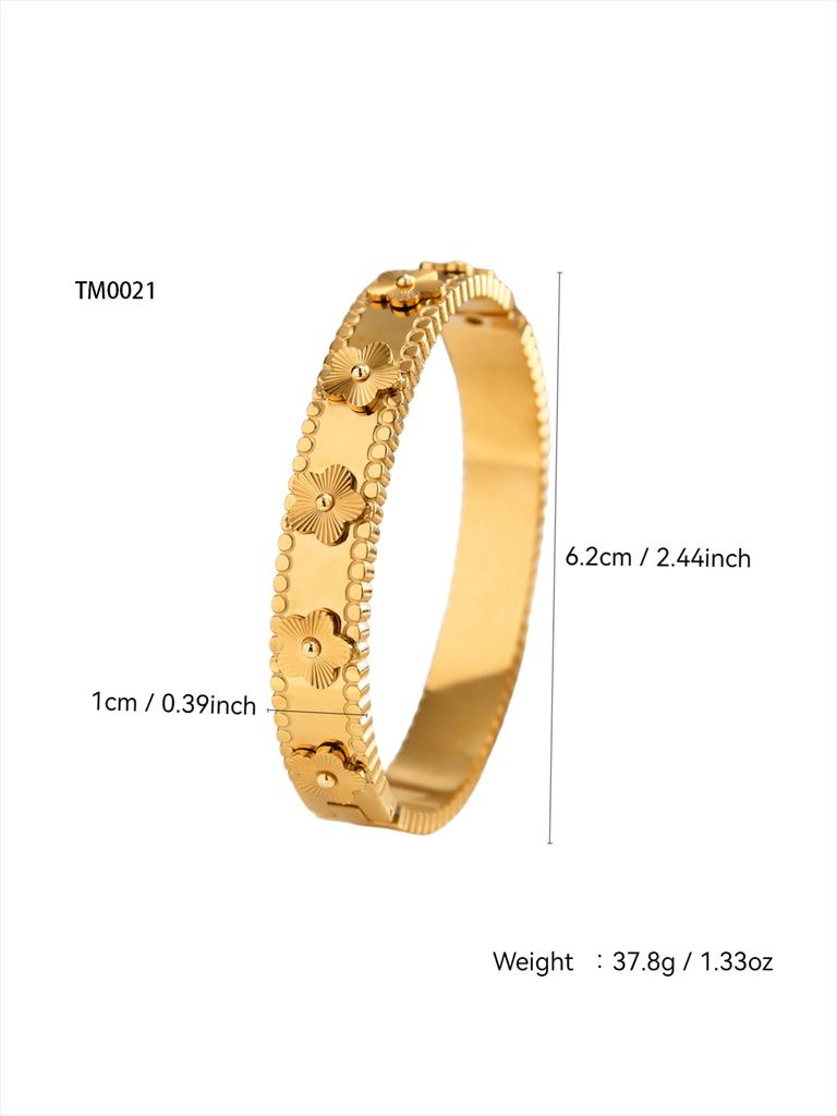 Luxury and Elegant Stainless Steel Laser Clover and Lucky Flower Geometric Bracelet, Clover Studded Women's Snap Bracelet