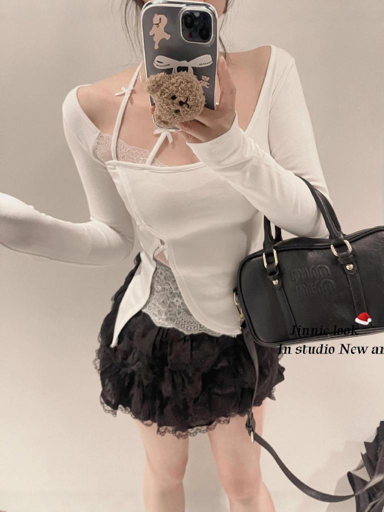 Stylish Lace Patchwork Halter Top for Women - Slim Fit Early Spring T-Shirt