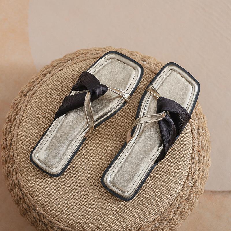 Fashion gold/silver lace band flat slippers women sexy mesh strap flip flops outdoor beach slides shoes 34-43 big size pantuflas mujer