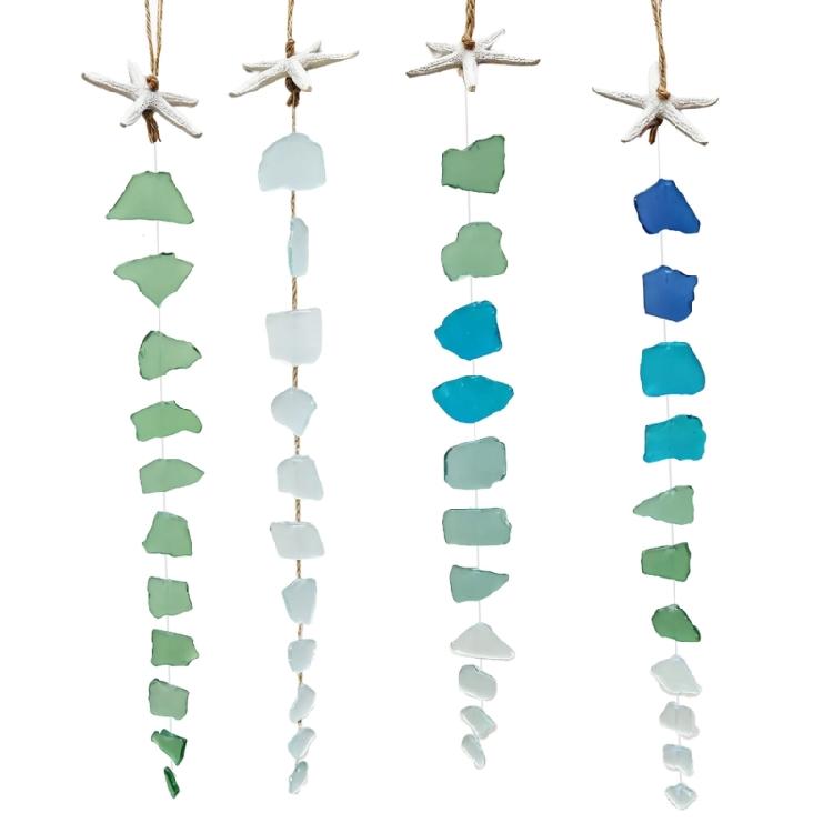 Strand Küsten Thema Mehrfarbige Meerglas Windspiele Hängendes Ornament Mit Harz Seesternen Für Außen Garten Dekorationen